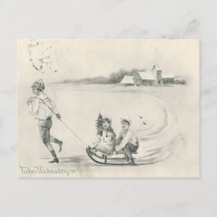 Pencil Sketch Antique Winter Farm Scene Postcard
