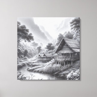 Pencil Sketch of a Cozy Hut by a Flowing River Canvas Print