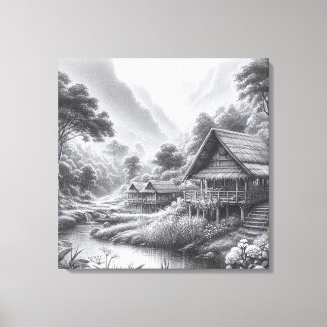 Pencil Sketch of a Cozy Hut by a Flowing River Canvas Print (Front)