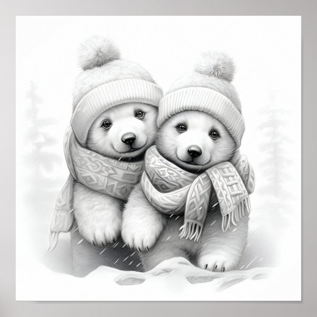 Pencil sketch of Christmas baby polar bears Poster (Front)