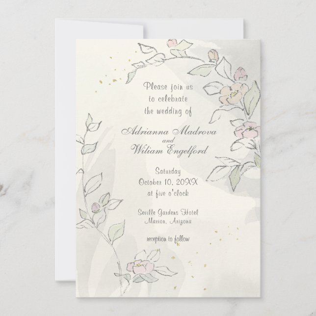 Pencil Sketch Pink Flowers Wedding Invitation (Front)