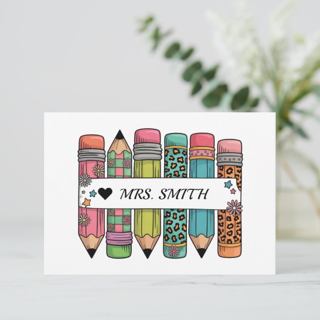 Pencil Teacher Name Thank You Card (Standing Front)