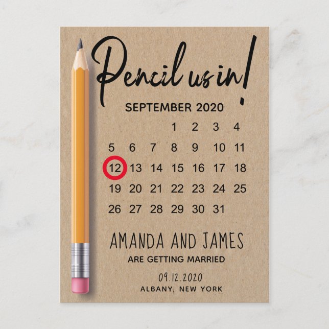 Pencil Us In Calendar Cardboard Save The Date Announcement Postcard (Front)