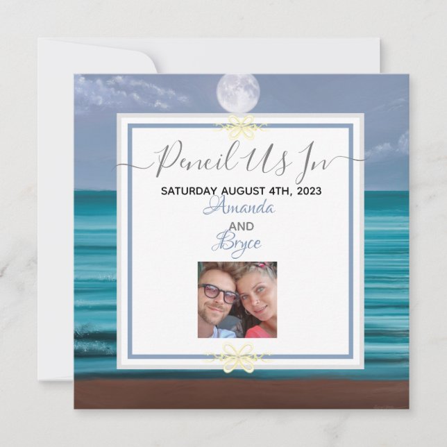 Pencil us in moonlit teal sea beach save the date holiday card (Front)