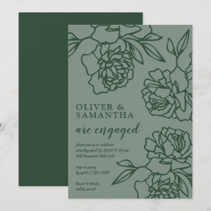 Penciled Peonies Emerald Green Engagement Party Invitation