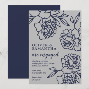 Penciled Peonies Modern Navy Grey Engagement Party Invitation