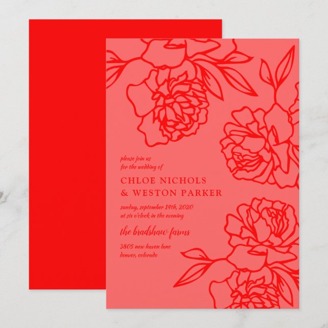 Penciled Peonies Modern Red Wedding Invitation (Front/Back)