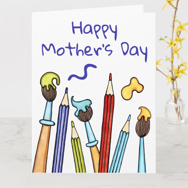 Pencils and Paintbrushes Mother's Day Card (Yellow Flower)