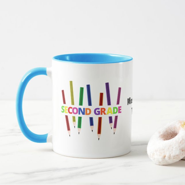 Pencils Second Grade Customizable Teacher Mug (With Donut)