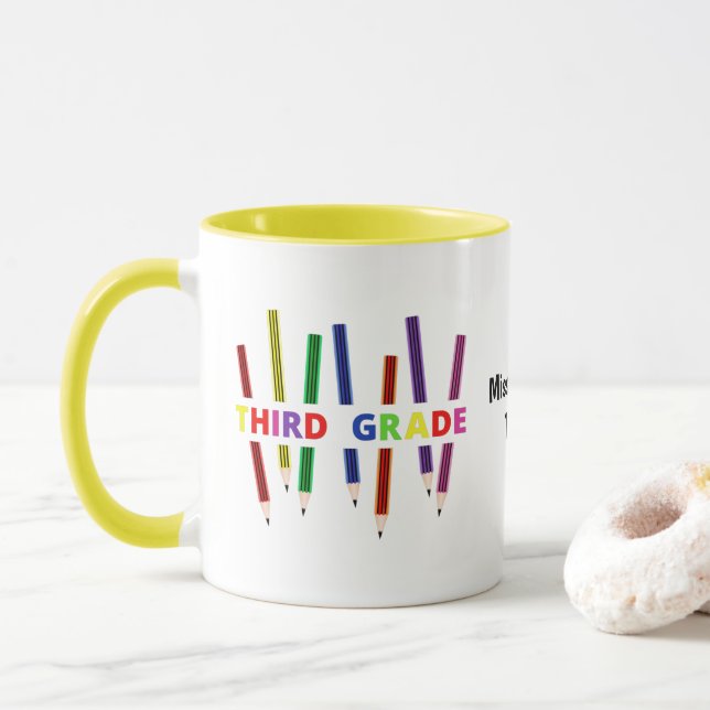 Pencils Third Grade Customizable Teacher Mug (With Donut)