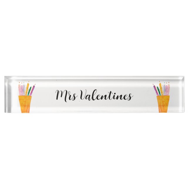 Pencils Watercolor Teacher School Cute Modern Nameplate (Front)