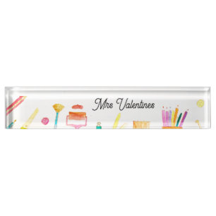 Pencils Watercolor Teacher School Cute Modern Nameplate