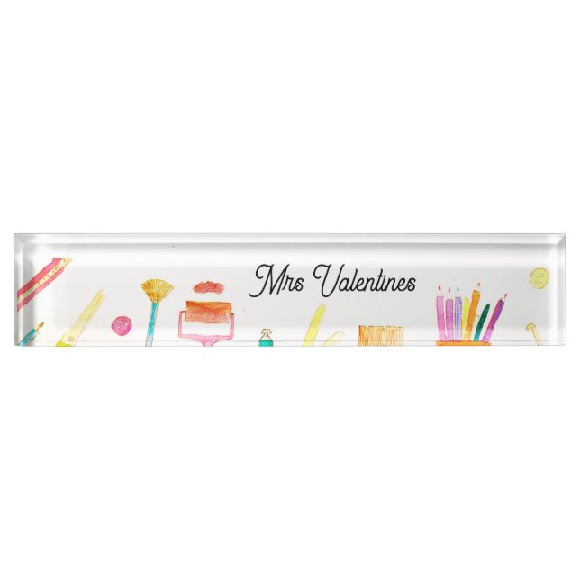 Pencils Watercolor Teacher School Cute Modern Nameplate (Front)
