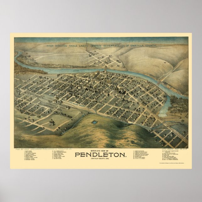Pendleton, OR Panoramic Map - 1890's Poster (Front)