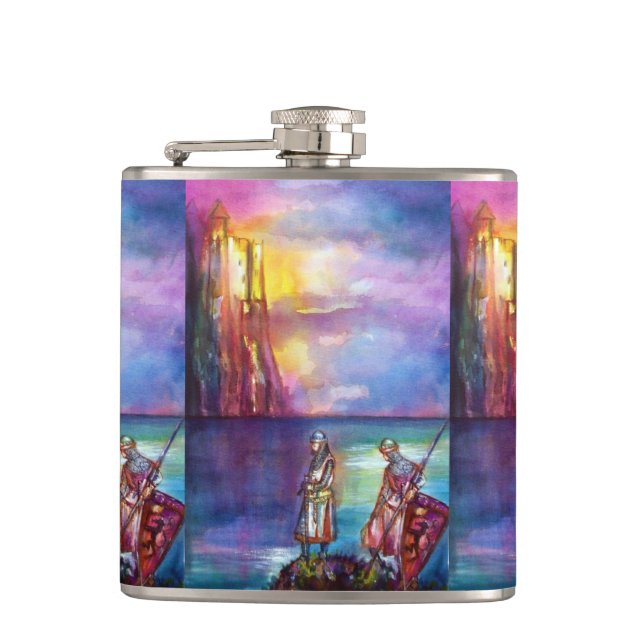 PENDRAGON Medieval Knights,Lake Sunset,Fantasy Hip Flask (Front)