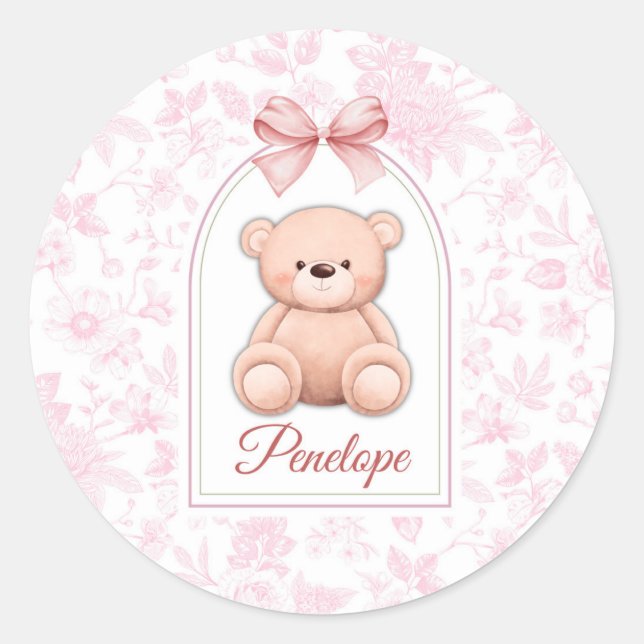 Penelope | Custom Pink Teddy Bear Nursery Design  Classic Round Sticker (Front)