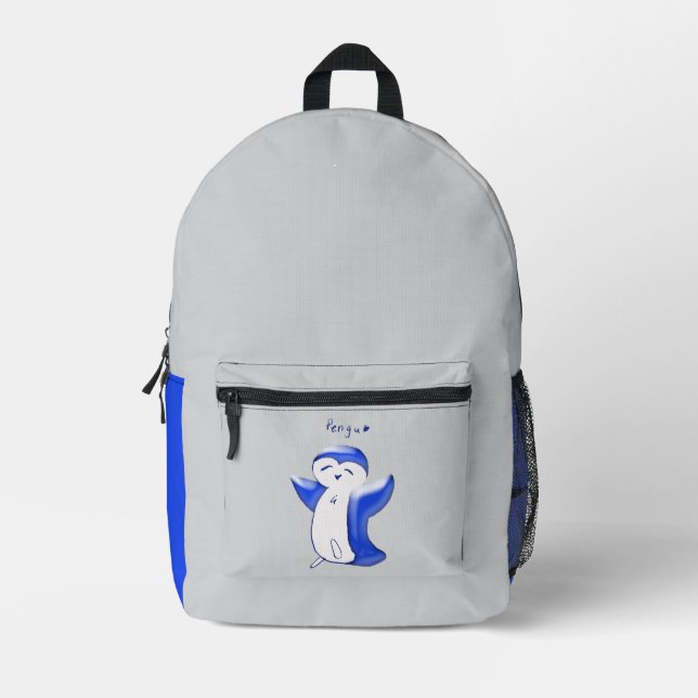 Pengu Happy Penguin Kids Blue-Grey Printed Backpack (Front)