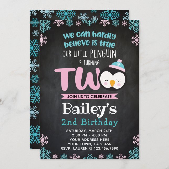 Penguin 2nd Birthday Invitation Chalkboard (Front/Back)