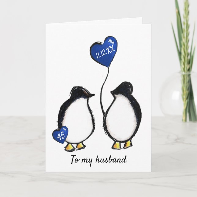 Penguin 45th sapphire wedding anniversary husband card (Front)