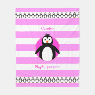 Penguin add name pink white stripes fleece blanket