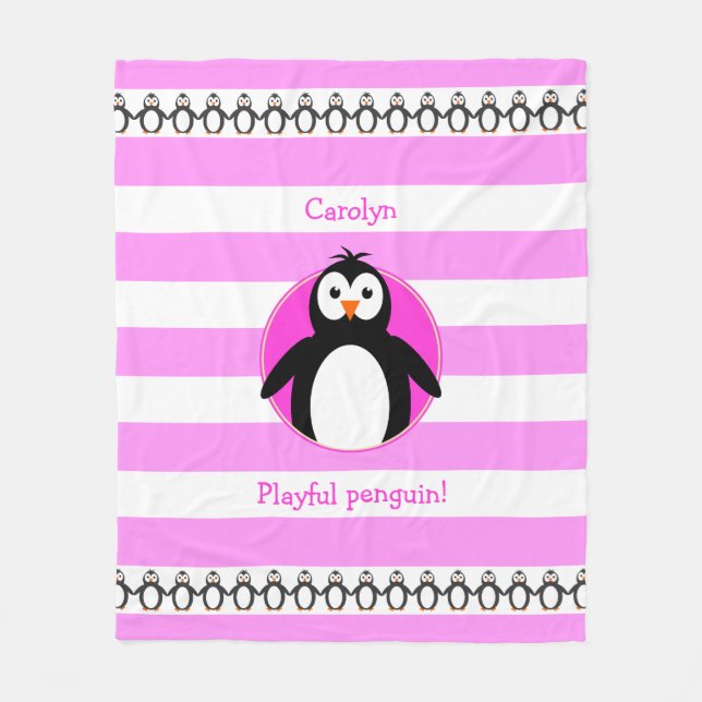 Penguin add name pink white stripes fleece blanket (Front)