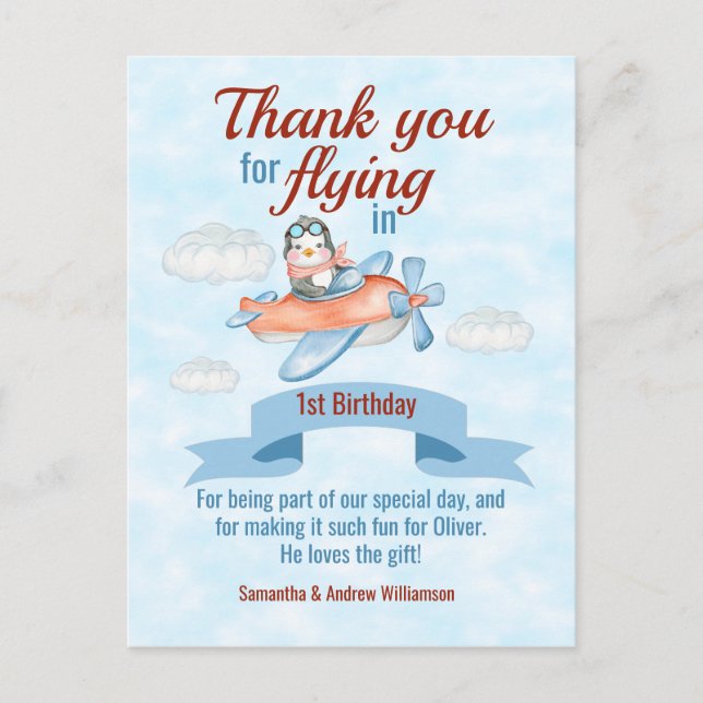Penguin Airplane Blue 1st Birthday Thank You Card (Front)