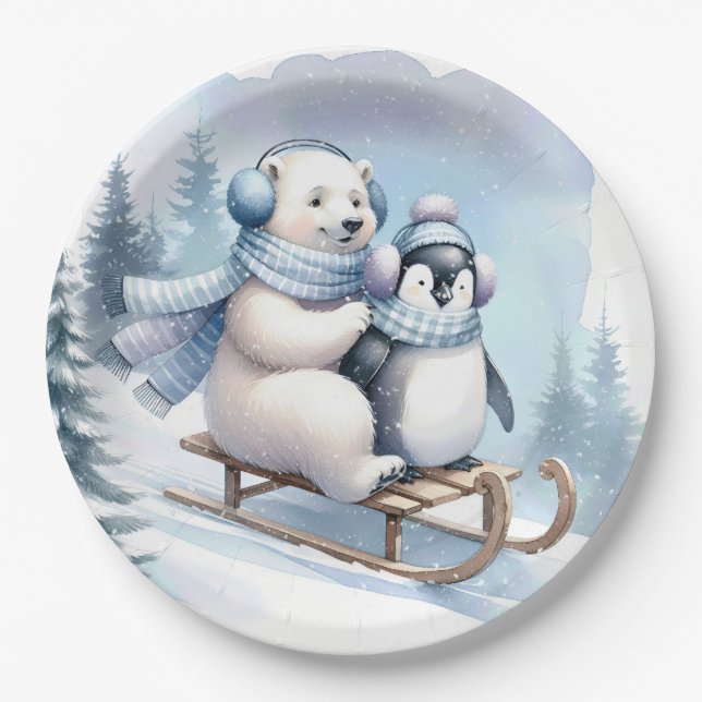Penguin and Polar Bear On a Sled Paper Plate (Front)