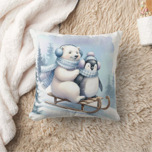 Penguin and Polar Bear On a Sled Throw Pillow