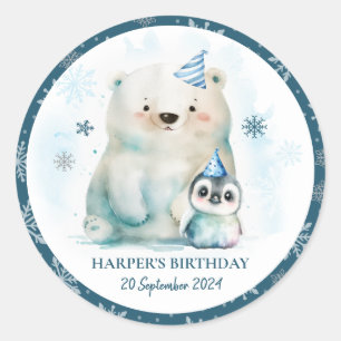 Penguin and Polar Bear Winter Birthday Classic Round Sticker
