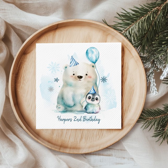 Penguin and Polar Bear Winter Birthday Napkin (Get ready to turn up the coolness at your little cub's winter birthday party with this design.)