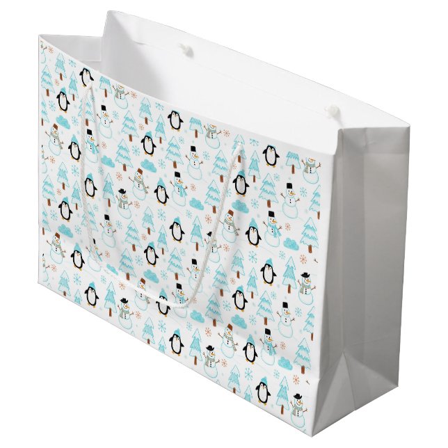 Penguin and Snowman Winter Pattern Large Gift Bag (Front Angled)