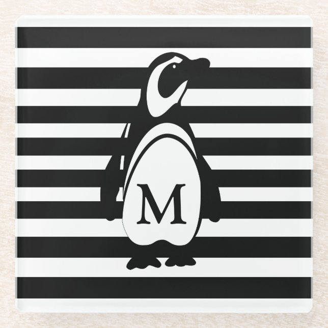 Penguin and Stripes Glass Coaster (Front)
