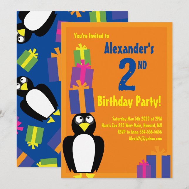 Penguin Animal Kid's Birthday Party Invitations (Front/Back)
