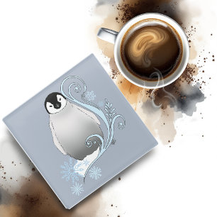 Penguin Art Nouveau Snowflakes Glass Coaster