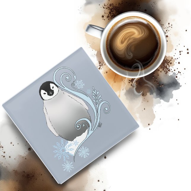 Penguin Art Nouveau Snowflakes Glass Coaster (Creator Uploaded)