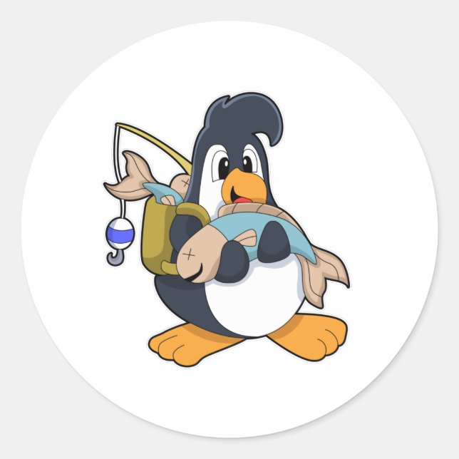 Penguin as Angler with Fish Classic Round Sticker (Front)