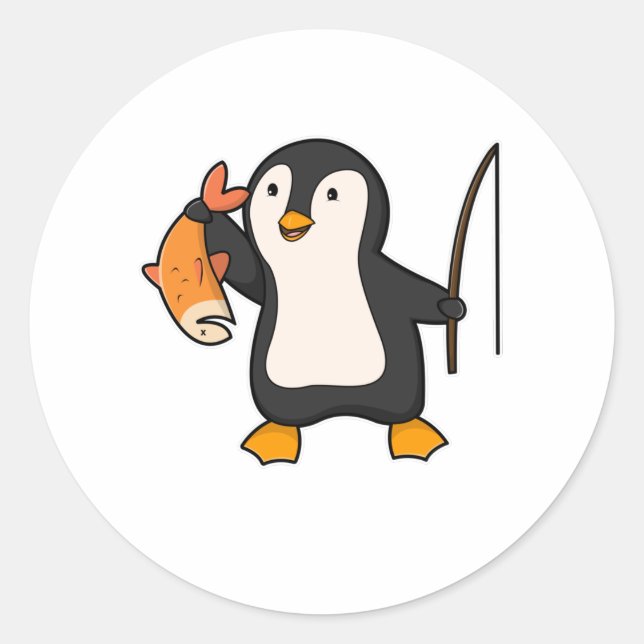 Penguin as Angler with Fish Classic Round Sticker (Front)