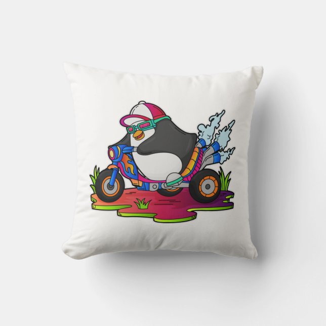 Penguin as Biker with Motorcycle Throw Pillow (Front)