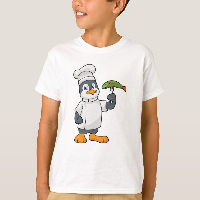 Penguin as Cook with Fish & Cooking apron T-Shirt (Front)