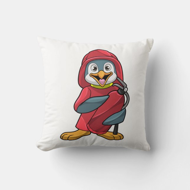 Penguin as Firefighter with Extinguisher Throw Pillow (Front)