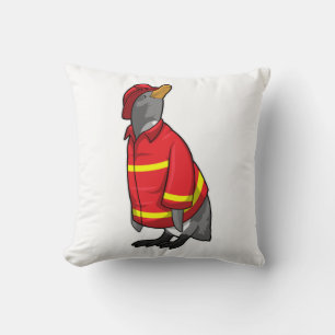 Penguin as Firefighter with Helmet Throw Pillow