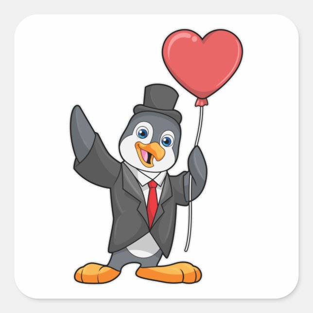 Penguin as Groom with Heart Ballon Square Sticker (Front)