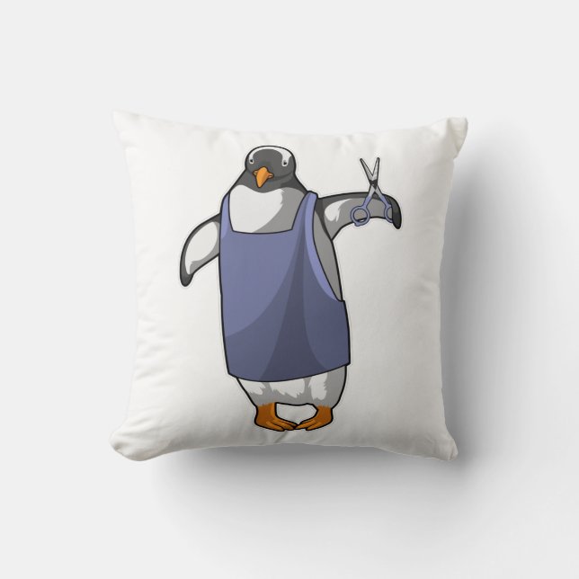 Penguin as Hairdresser with Scissors Throw Pillow (Front)