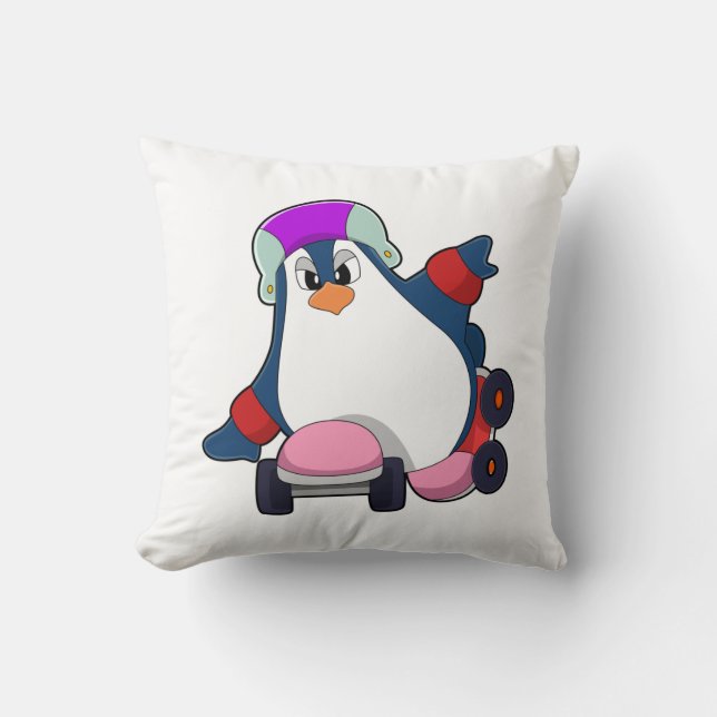 Penguin as Inline Skater with Inline Skates Throw Pillow (Front)