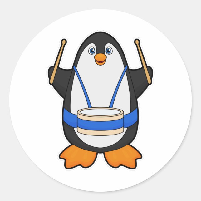 Penguin as Musician with Drum Classic Round Sticker (Front)