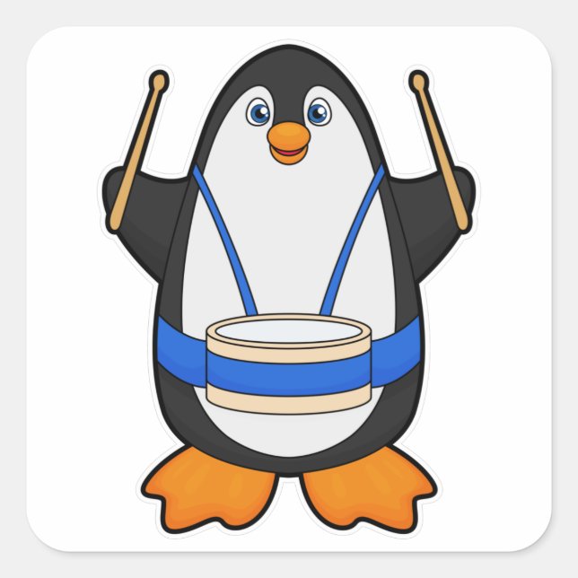 Penguin as Musician with Drum Square Sticker (Front)