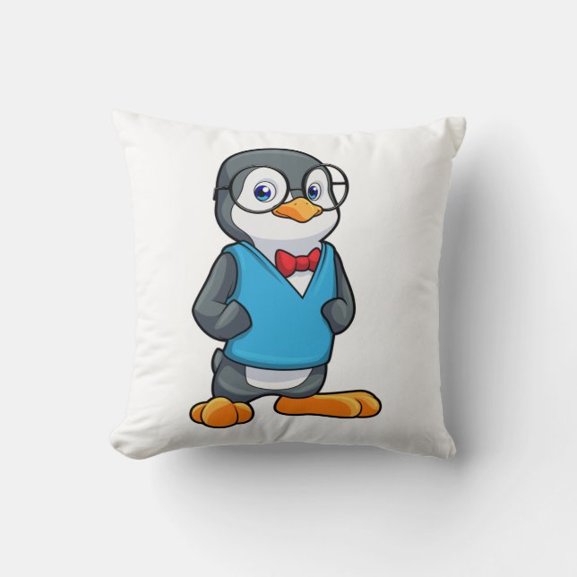 Penguin as Nerd with Glasses Throw Pillow (Front)