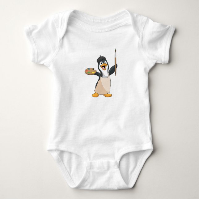 Penguin as Painter with Paint brush & Colour Baby Bodysuit (Front)