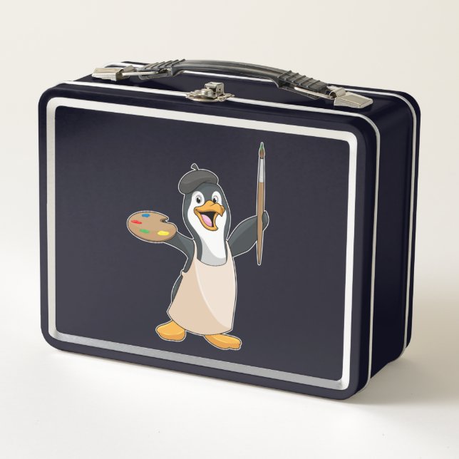 Penguin as Painter with Paint brush & Colour Metal Lunch Box (Front)
