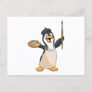 Penguin as Painter with Paint brush & Colour Postcard